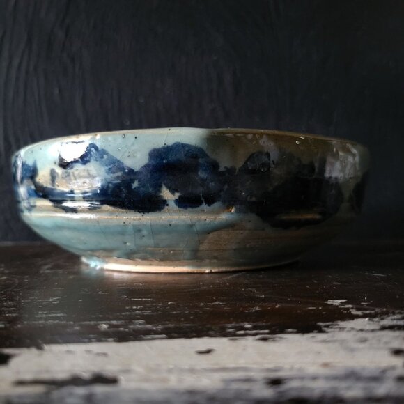 Vtg Studio Pottery Bowl Blue Brushstroke Design Double Spout and Crackle Glaze - Picture 6 of 9